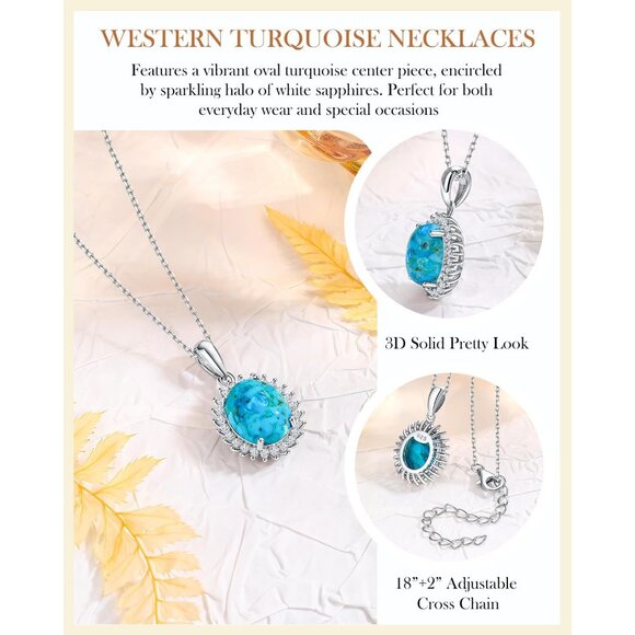 Sterling Silver 3.3 Carat Turquoise & White Sapphire Pendant Necklace, Adjustabl - Picture 5 of 7